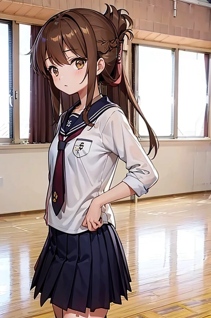 (masterpiece, best quality:1.2),illustration,8k,hd,1girl,solo,upper body,(portrait:1.2),brown_hair,folded_ponytail,brown_eyes,serafuku,long_hair,school_uniform,skirt,pleated_skirt,
