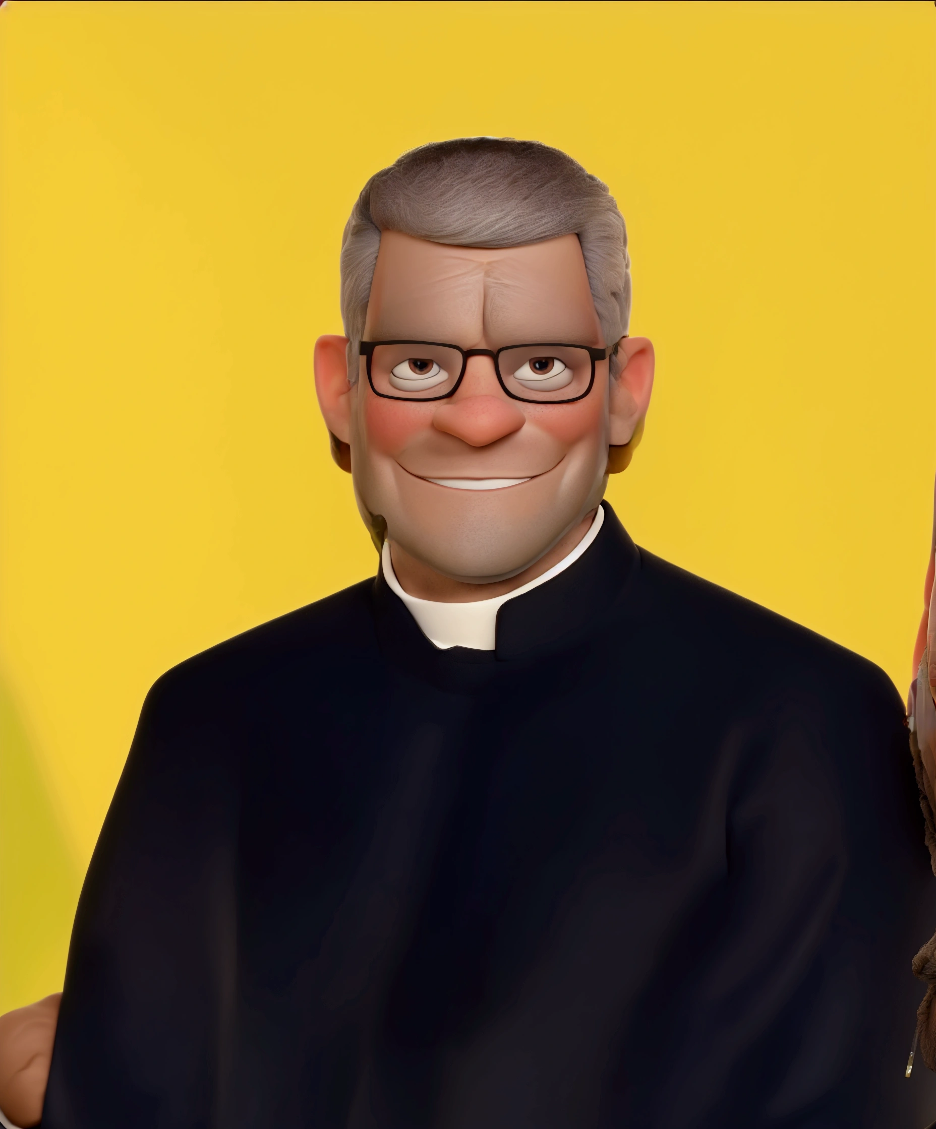 Tall man, strong body, smiling, black glasses, no beard, short gray hair, wearing a priest's costume and on a white background