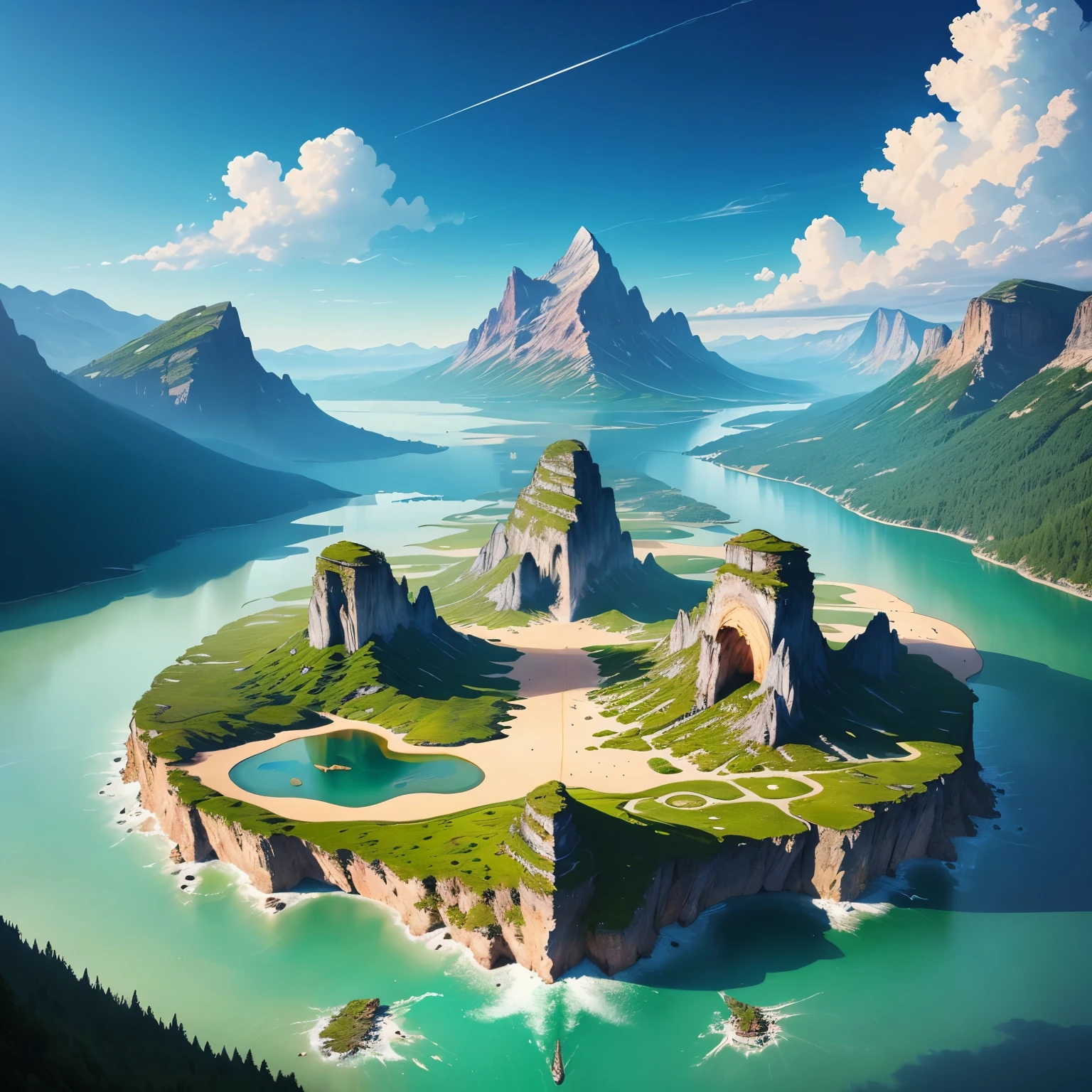 ((best qualityer)), ((work of art)), (detailded), 1 Magnificent landscape like Middle-earth ,floating islands that hover in the sky ,below them on the ground lakes and mountains 