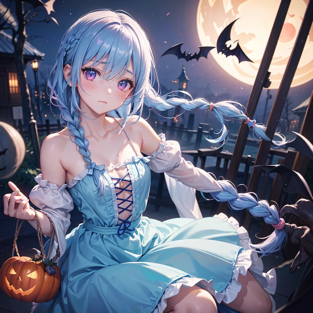 (Light blue medium hair),(Braided hair:1.2)、Pink eyes、Fair skin、cowboy shot、Halloween、The background is a pumpkin ghost、Crescent Moon、Trick or Treat、A lot of sweets、witch、Halloween night、Candy、many bat、Condescending expression、solo、(masterpiece、Highest quality、Very detailed、Best Shadow)、(Detailed Background)、(Beautifully detailed face)、High contrast、(Best lighting、Very delicate and beautiful)、(Cinematic Light)、colorful、Hyper Detail、Dramatic Light、Exquisite detail、