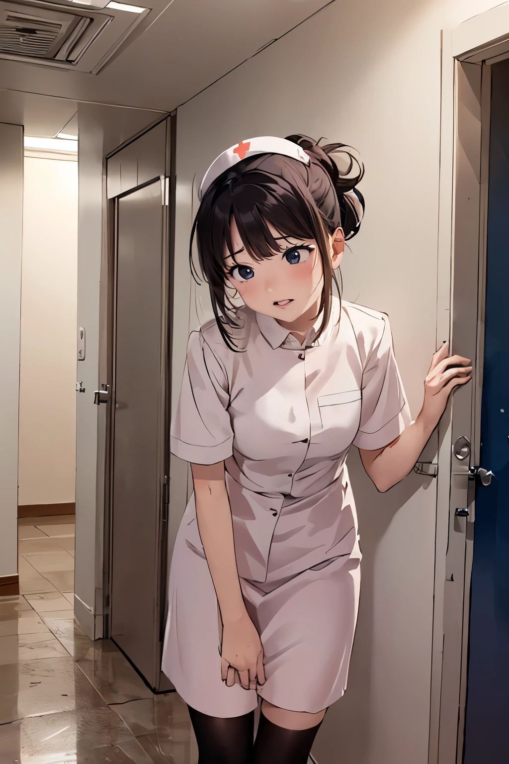 (((a nurse, long-nurse-uniform with long skirt, standing))), (round face, blush, open mouth), drooping eyes, in the hospital, ceiling, curtain, (((incontinent, humiliated, peeing))), ((embarrassing)), (hair up), pee dripping from the crotch,