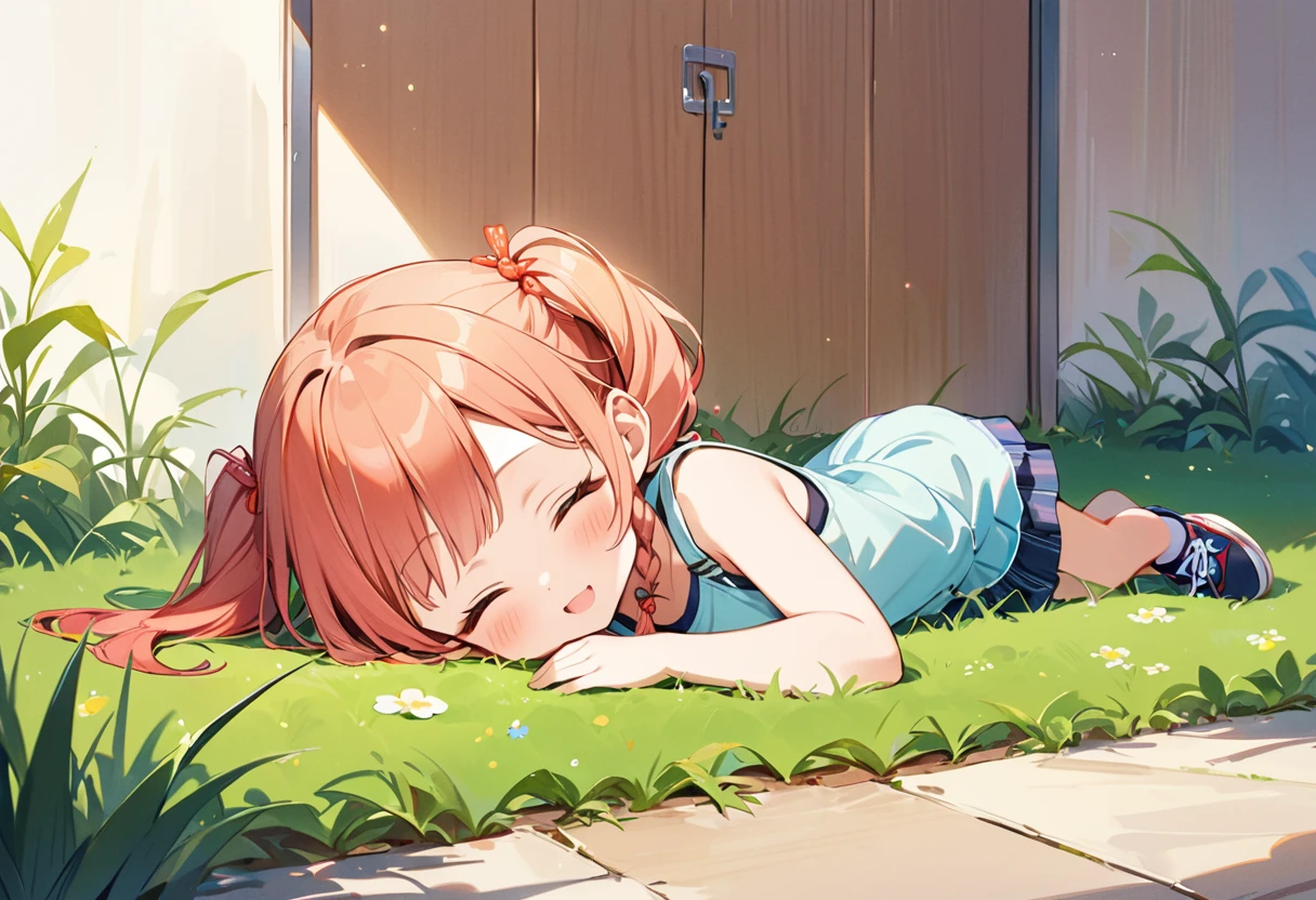 Highest quality、High resolution、Detailed Background、Beautiful face in every detail、Anatomically correct、Detailed facial expressions、fine grain、((full body, side view)), ((One Girl))、Chibi Girl、Cute hair color、Braided twin tails、Elementary school, (Tank top、Vneck、mini skirt、Cute Shoes)、break grassland、Lying down and resting one's chin on one's elbow、Bend your knees and swing your legs、A giant frog in front of me、I try to touch it timidly、I have a lot of tears in my eyes、An expression that looks like it's about to cry、Close up hands、There is a small frog on his head、