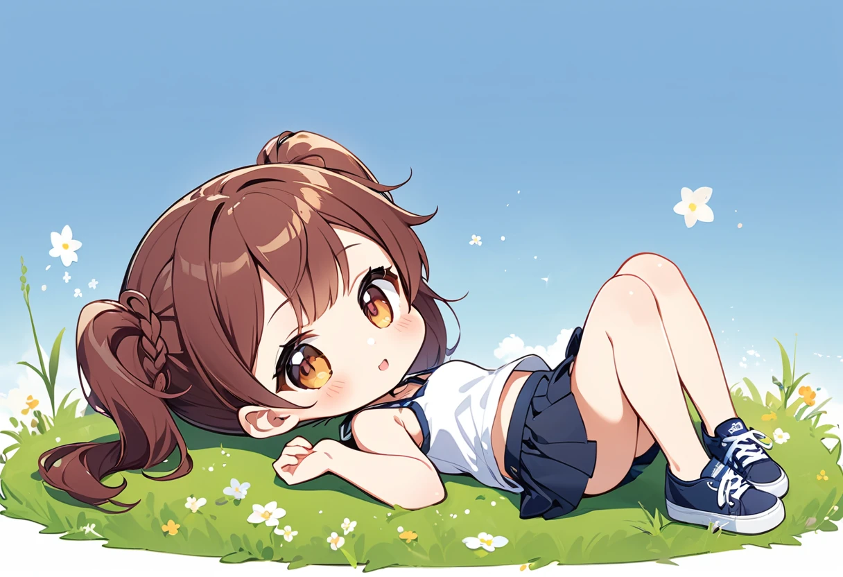 Highest quality、High resolution、Detailed Background、Beautiful face in every detail、Anatomically correct、Detailed facial expressions、fine grain、((full body, from below, side view)), ((One Girl))、Chibi Girl、Cute hair color、Braided twin tails、, (Tank top、Vneck、mini skirt、Cute Shoes)、break grassland、((Lying down and resting one's chin on one's elbow、Bend your knees and kick your feet))、A giant frog in front of me、Touching with trepidation、I have a lot of tears in my eyes、An expression that looks like it's about to cry、Close up hands、