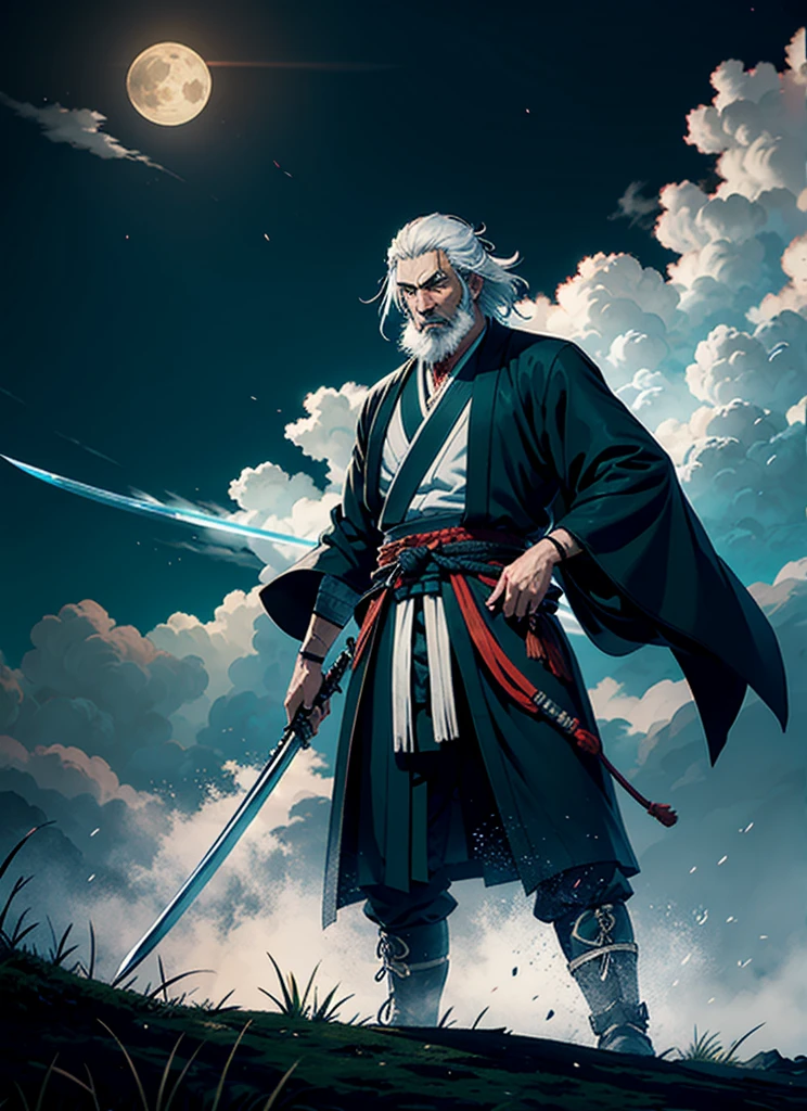 Isshin, the Sword Saint is a legendary warrior and the founder of the Ashina Clan. He is an old man with white hair and beard, wearing a blue kimono with black patterns and a white cloak. He carries a katana and a spear. He also has a gun hidden in his sleeve.
He awaits Sekiro in the great grass field where he first fought Genichiro Ashina, his grandson. The field is covered with blood and corpses of soldiers who died in the battle. The sky is dark and stormy, and lightning flashes occasionally. Isshin emerges from Genichiro’s body after he sacrifices himself to revive him using the Black Mortal Blade. He respects Sekiro as a worthy opponent and challenges him to a final duel for the fate of Ashina.
moon, dark theme, light, fantasy,
