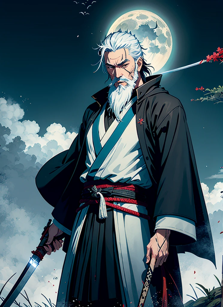 Isshin, the Sword Saint is a legendary warrior and the founder of the Ashina Clan. He is an old man with white hair and beard, wearing a blue kimono with black patterns and a white cloak. He carries a katana and a spear. He also has a gun hidden in his sleeve.
He awaits Sekiro in the great grass field where he first fought Genichiro Ashina, his grandson. The field is covered with blood and corpses of soldiers who died in the battle. The sky is dark and stormy, and lightning flashes occasionally. Isshin emerges from Genichiro’s body after he sacrifices himself to revive him using the Black Mortal Blade. He respects Sekiro as a worthy opponent and challenges him to a final duel for the fate of Ashina.
moon, dark theme, light, fantasy,