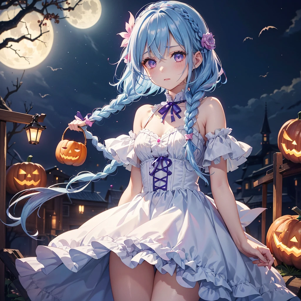 (Light blue medium hair),(Braided hair:1.2)、Pink eyes、Fair skin、cowboy shot、Halloween、The background is a pumpkin ghost、Crescent Moon、Trick or Treat、A lot of sweets、witch、Halloween night、Candy、many bat、Condescending expression、solo、(masterpiece、Highest quality、Very detailed、Best Shadow)、(Detailed Background)、(Beautifully detailed face)、High contrast、(Best lighting、Very delicate and beautiful)、(Cinematic Light)、colorful、Hyper Detail、Dramatic Light、Exquisite detail、
