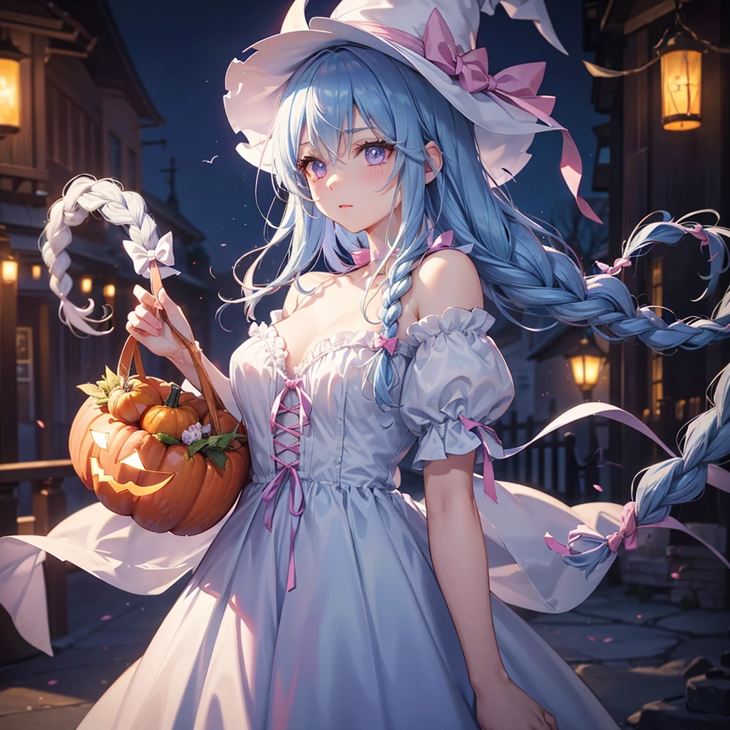 (Light blue medium hair),(Braided hair:1.2)、Pink eyes、Fair skin、cowboy shot、Halloween、The background is a pumpkin ghost、Crescent Moon、Trick or Treat、A lot of sweets、witch、Halloween night、Candy、many bat、Condescending expression、solo、(masterpiece、Highest quality、Very detailed、Best Shadow)、(Detailed Background)、(Beautifully detailed face)、High contrast、(Best lighting、Very delicate and beautiful)、(Cinematic Light)、colorful、Hyper Detail、Dramatic Light、Exquisite detail、