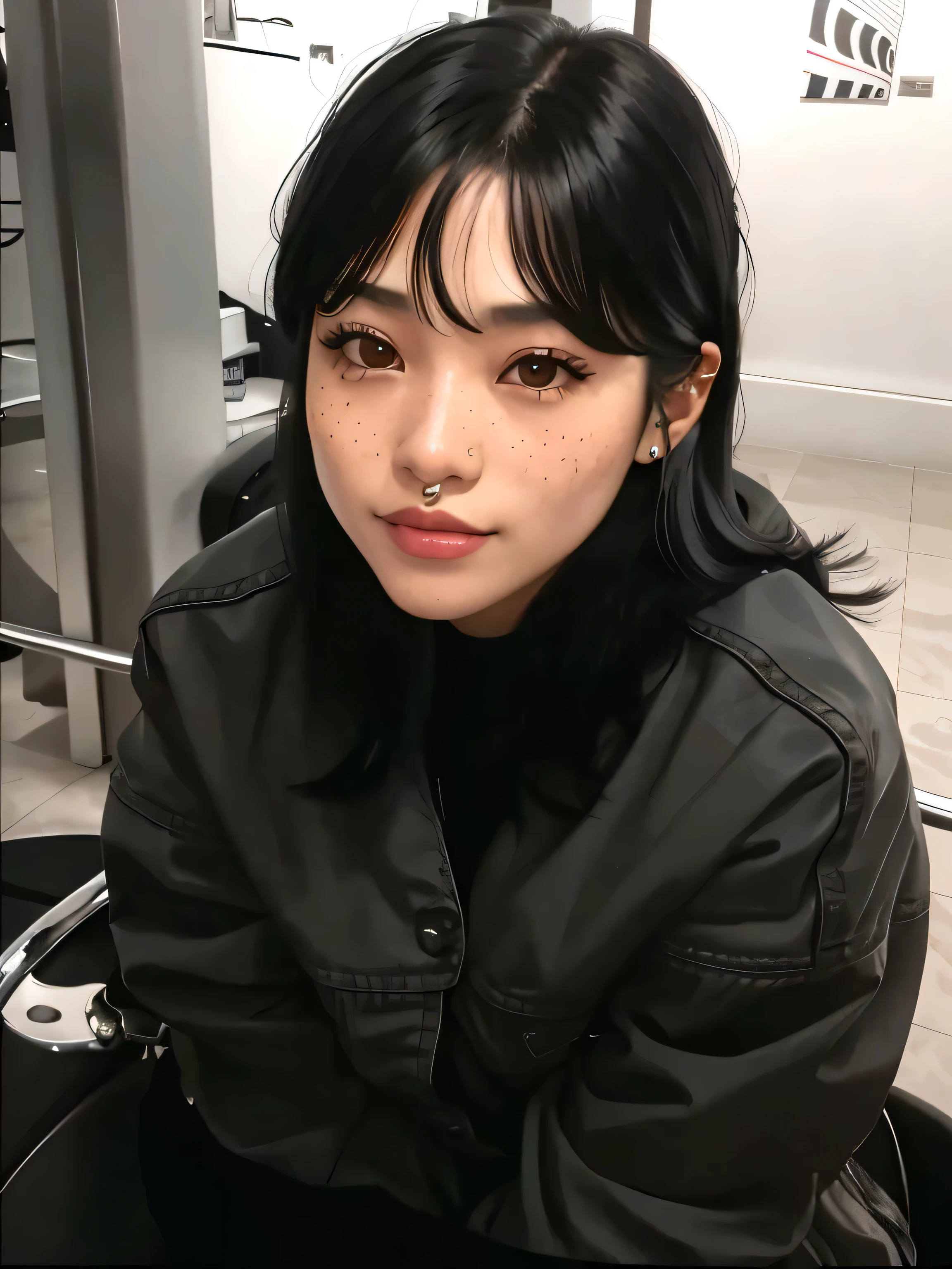 a close up of a woman with long black hair and freckled hair, Ela tem cabelo preto with bangs, black hime cut hair, Asian face, Beautiful Asian girl, detailed face of a asian girl, asian features, young cute wan asian face, cabelo arrumado with bangs, with bangs, Asian girl, black bangs, cabelo preto longo with bangs, with bangs completa