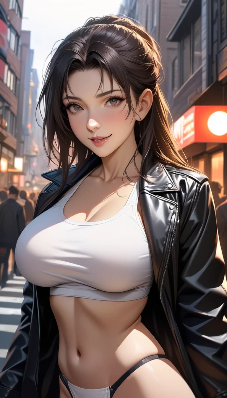 best quality, Ultra-high resolution, (Realistic:1.4), 1 girl, Loose Oversized Black Jacket, White Sports Bra, (Thong:1.2), (Large Breasts:1.2), L looks at the audience, Smile, Foote Body, street, Urban, cosmetic, Wide Angle