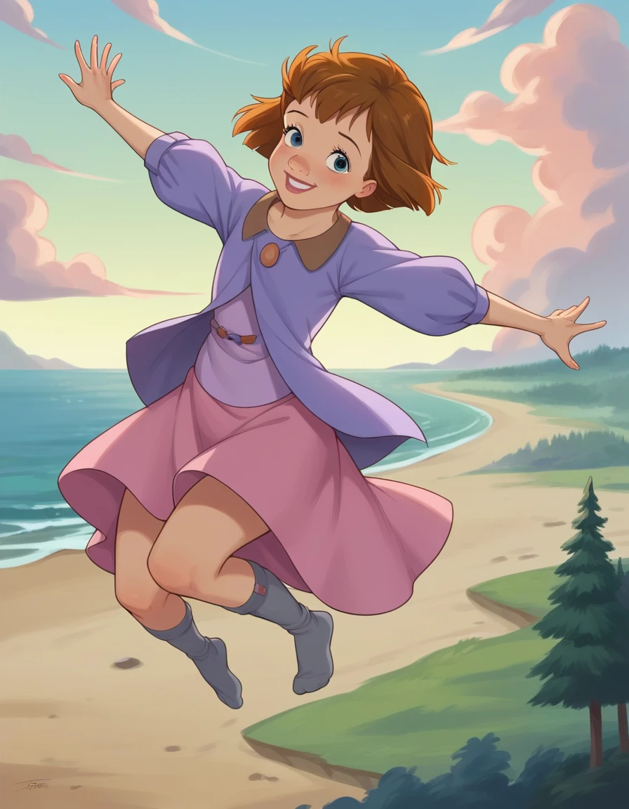 score_9, score_8_up, score_7_up, score_6_up, score_5_up, score_4_up, anime style, (masterpiece, high detail:1.4), (from the front:1.2),
1girl, jane (peter_pan), brown hair, short hair, blue eyes, dress, long pink skirt, 1980s (style), slouched socks, grey socks, ankle socks, no shoes,
full body, jumping, mid-air, smiling, looking at viewer,
outdoors, beautiful sea, trees