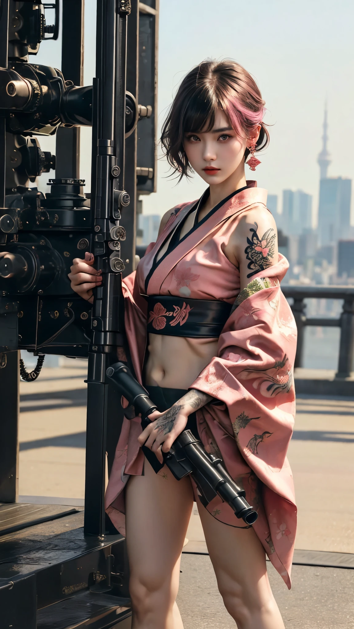 Beautiful Chinese woman, (), pretty face, red lips, white moisturized skin,
BREAK,
Athletic feminine body, Female fitness model body, Hard-toned feminine body, (muscles: 1.2), (beautiful belly button),
BREAK,
Martial arts, Kung fu, Idol,
BREAK,
(wearing cute kimono: 1.3), (red high heels 1.3), necklace, very large earrings, short length,
BREAK,
Short hair, (short bob hair), (bangs: 1.2), (pink hair), (wavy hair),
BREAK,
(holding a very large machine gun in her hand, finger on the trigger of a machine gun, standing with a very large machine gun, raising a very large machine gun: 1.4), (getting into a fighting position),
BREAK,
(large tattoo, 80% of her body covered in Japanese tattoos: 1.4),
BREAK,
Masterpiece, perfect lighting, ultra-high resolution, 8K, (Very detailed: 1.4), (front view), looking at camera, melancholic expression,
BREAK,
(Tokyo city, many people in background), Tokyo city background,