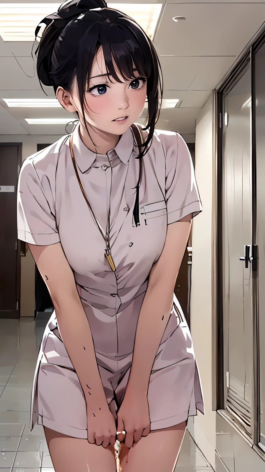 (depicting a single moment from a manga for adults), (hand-drawn), ((manga-style background)), ((a nurse, nurse-uniform with pee stain, sweat)), (((round face))), drooping eyes, in the hospital corridor, ceiling, curtain, (((incontinent, humiliated, peeing, pee running on her legs))), ((embarrassing)), (hair up), 