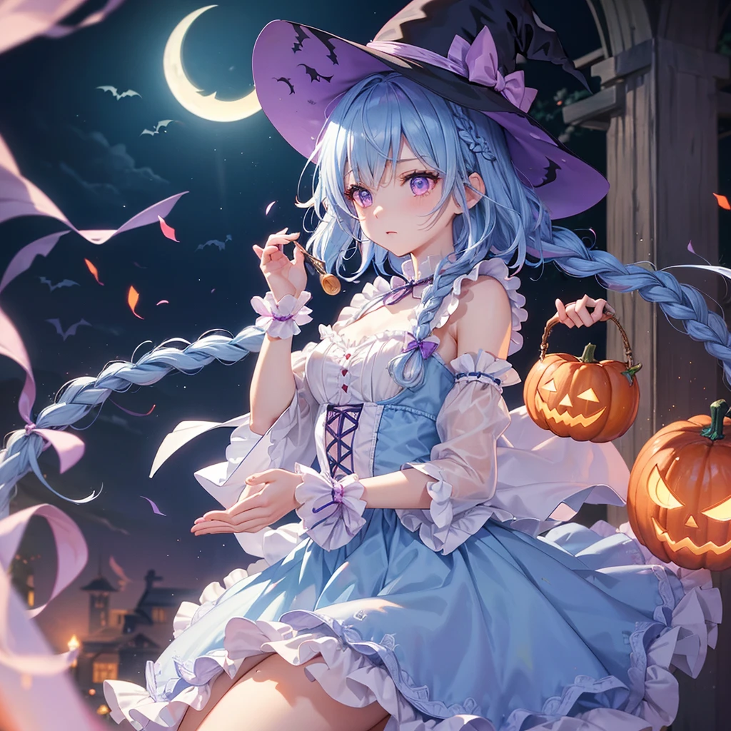 (Light blue medium hair),(Braided hair:1.2)、Pink eyes、Fair skin、cowboy shot、Halloween、The background is a pumpkin ghost、Crescent Moon、Trick or Treat、A lot of sweets、witch、Halloween night、Candy、many bat、Condescending expression、solo、(masterpiece、Highest quality、Very detailed、Best Shadow)、(Detailed Background)、(Beautifully detailed face)、High contrast、(Best lighting、Very delicate and beautiful)、(Cinematic Light)、colorful、Hyper Detail、Dramatic Light、Exquisite detail、