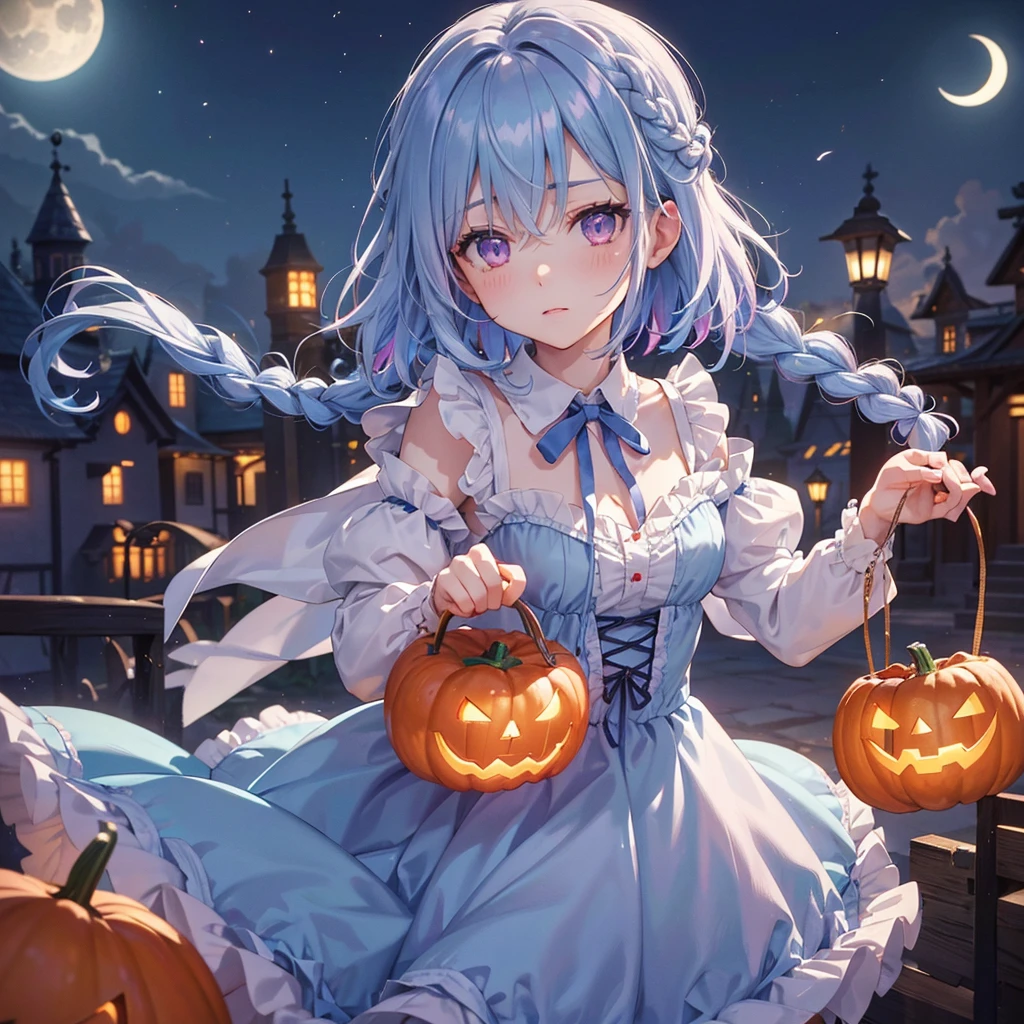 (Light blue medium hair),(Braided hair:1.2)、Pink eyes、Fair skin、cowboy shot、Halloween、The background is a pumpkin ghost、Crescent Moon、Trick or Treat、A lot of sweets、witch、Halloween night、Candy、many bat、Condescending expression、solo、(masterpiece、Highest quality、Very detailed、Best Shadow)、(Detailed Background)、(Beautifully detailed face)、High contrast、(Best lighting、Very delicate and beautiful)、(Cinematic Light)、colorful、Hyper Detail、Dramatic Light、Exquisite detail、