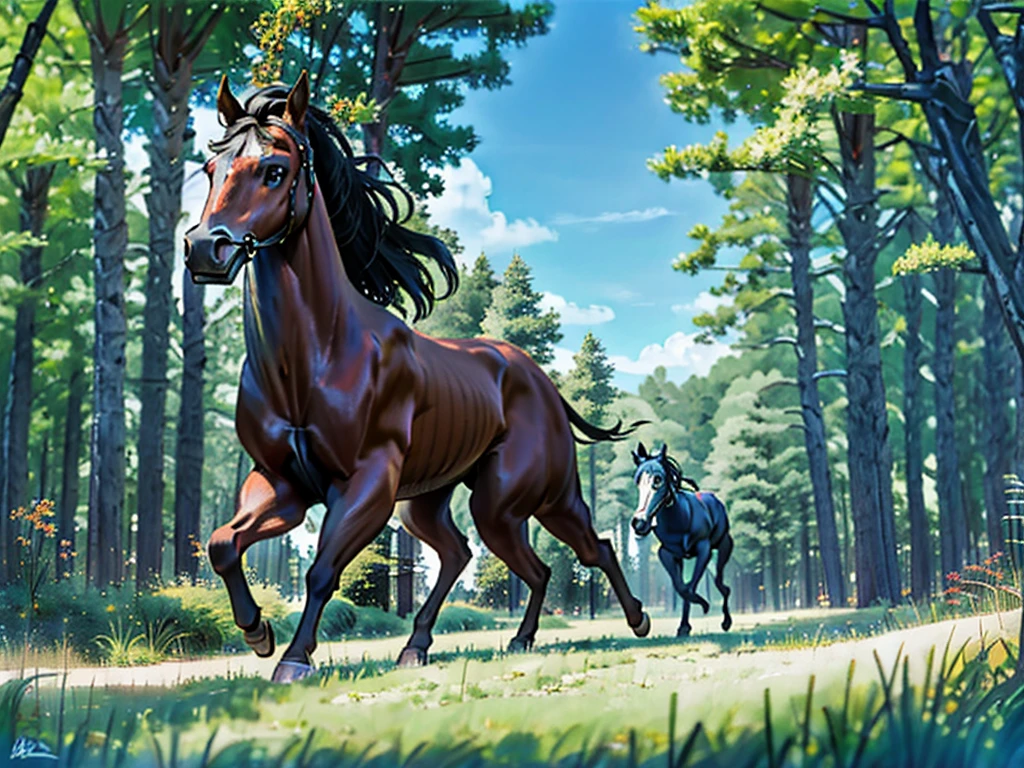 huge fat draft horse. Running cheerfully in grass meadow , contemporary art, Photorealistic , Very high resolution artwork , 8K ,  pine forest, bright blue sky. BBW Black african  rider.