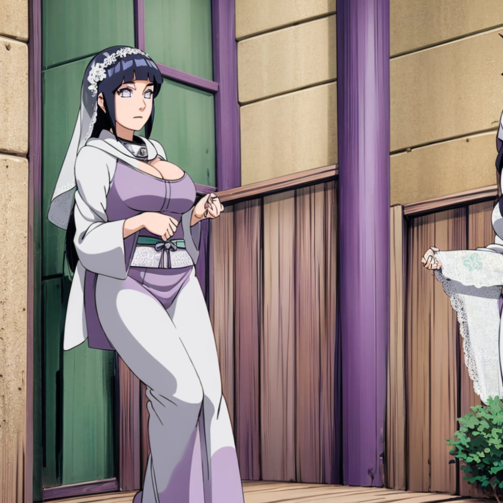 Hinata hyuga with huge breasts in a bridal micro bra and wedding dress with veil and bouquet in the courtyard of a Japanese temple 