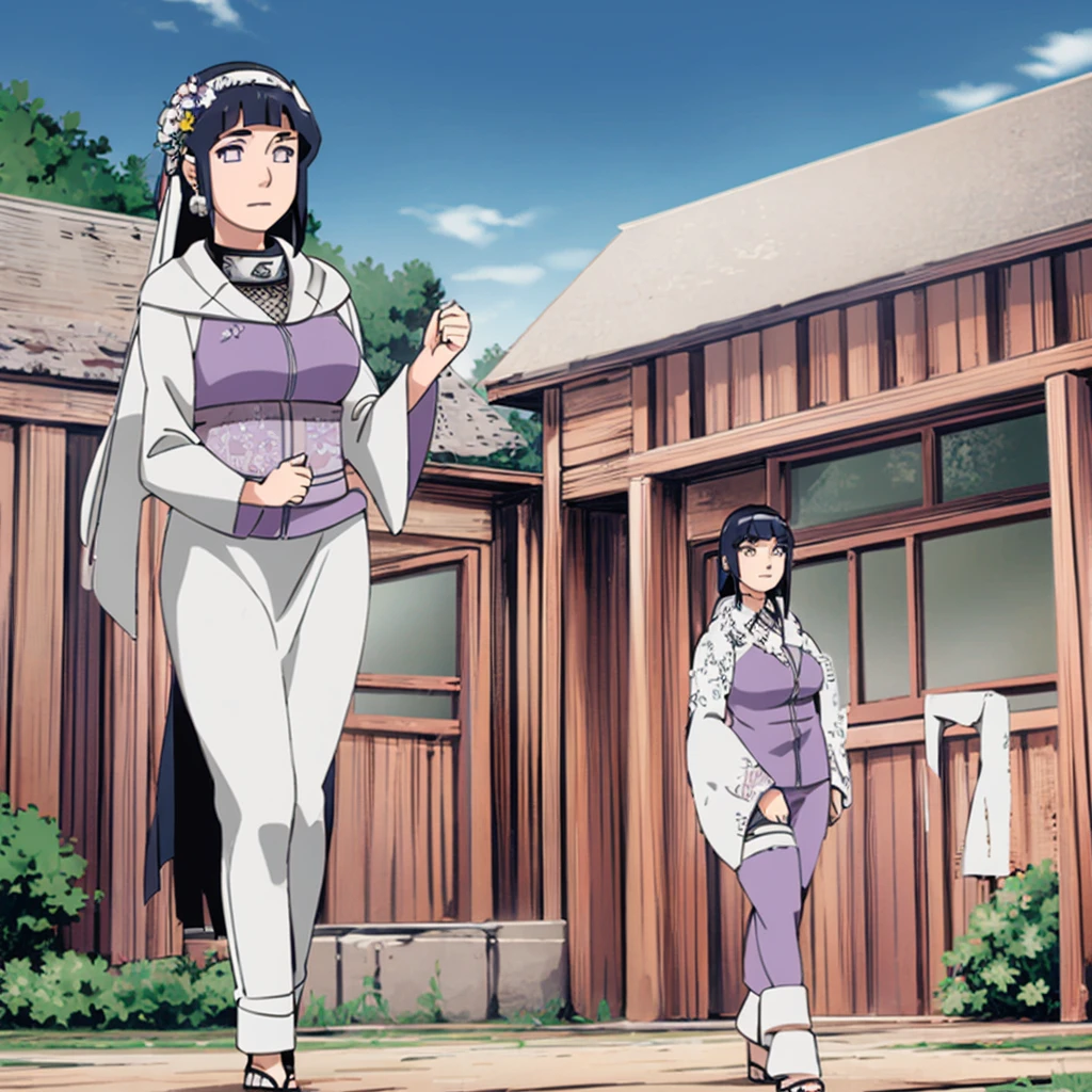 Hinata hyuga with huge breasts in a bridal micro bra and wedding dress with veil and bouquet in the courtyard of a Japanese temple 