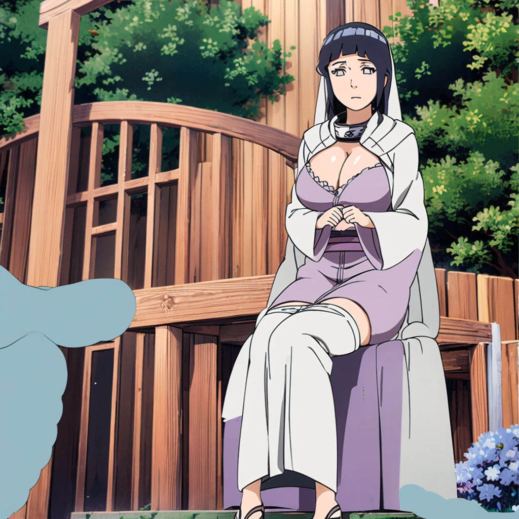 Hinata hyuga with huge breasts in a bridal micro bra and wedding dress with veil and bouquet in the courtyard of a Japanese temple 