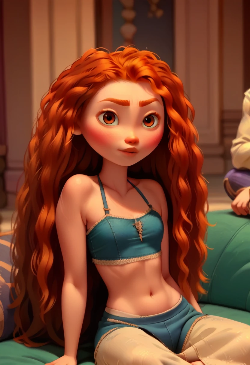 Merida, russet hair, sitting, gazing at viewer, 正面, ((blue bikini)), pose, best qualityer, no flaws, perfect strokes