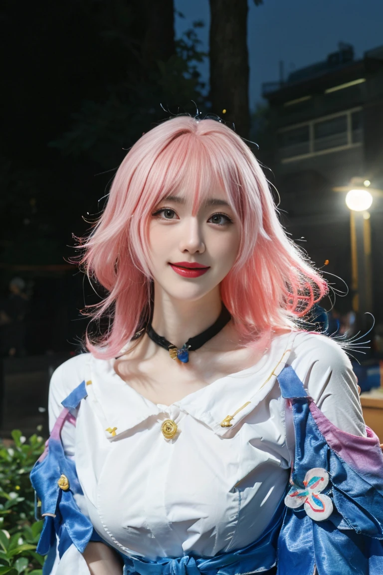best quality, tmasterpiece,Ultra-high resolution,Clear face,(Reality:1.4),ferpect lighting,(upper body:1.5), (photorealistic:1.50), anime wallpaper, Guviz style artwork, cover-up fantasy up to magic , by Yang J, Guviz, beautiful artwork illustration, beautiful digital artwork, beautiful digital illustration, Li Song, beautiful anime portrait, art style in Beauvot, march_7th, (march_7th_festival_outfit:1.4), 1girl, 独奏, pink hair, (street, cute, food stall, street food, blush, happy:1.2), light particles, light rays, sidelighting, fate \(series\), genshin impact,cloud, illustration, cake, artgerm, garden, trees, flowers, grass, stands, Night sky,