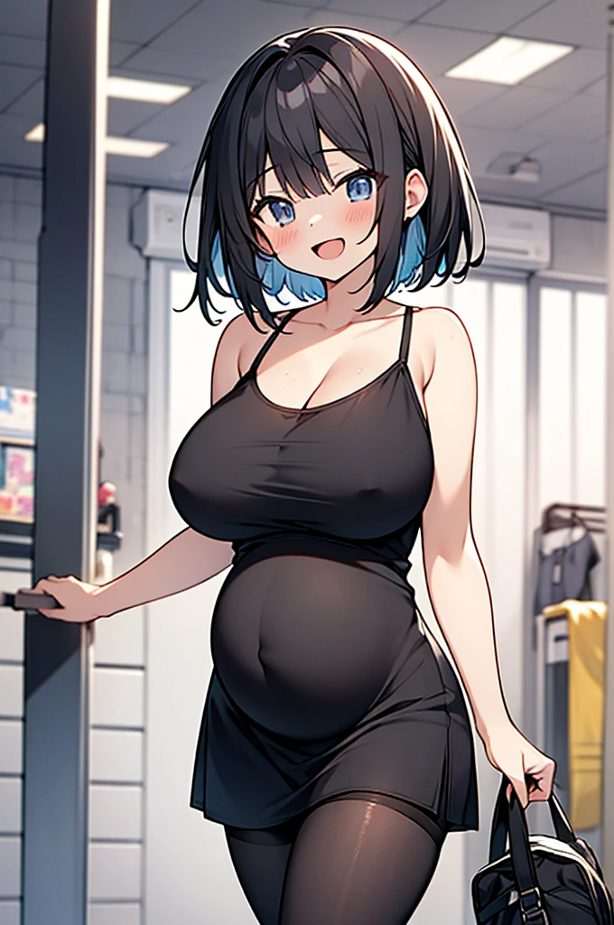 anime gravure,hyper cute yo sporty girl,
black hair,short hair,(huge breasts),
black camisole,black micro miniskirt,black pantyhose,
open mouth smile,(great thigh),pregnant,happy,