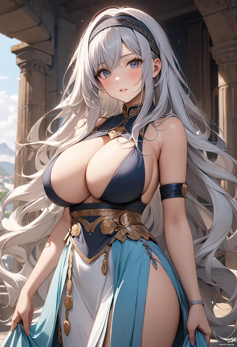 8k resolution, masterpiece, Highest quality, Award-winning works, unrealistic, Only sexy women, healthy shaped body, Age 25, White wavy long hair, hair band, Big, firm, bouncy breasts, Ancient Roman Commander&#39;s Armor, Pure white armor with a complex structure., royal coat of arms, Lift Excalibur with both hands, elegant, Very detailed, Digital Painting, artステーション, コンセプトart, Smooth, Sharp focus, shape, artジャム、Greg Rutkowski、Alphonse Mucha、William Adolphe Bouguereau、art：Stephanie Law , Magnificent royal background, Royal Jewel, nature, Full Shot, Symmetric, Greg Rutkowski, Charlie Bowwater, beep, Unreal 5, Surreal, Dynamic Lighting, ファンタジーart, Complex colors, Colorful magic circle, flash,  dynamic sexy pose