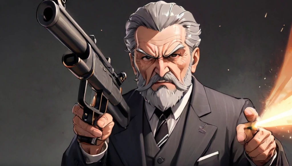 A mafia boss called ((((Azok)))) ,old, strong, bearded, grey suit, detailed face, gray hair and beard, intense gaze, commanding presence, wise expression, wrinkled skin, textured aging, confident posture, firm stance ((cartoon)) is shooting a rifle and screaming