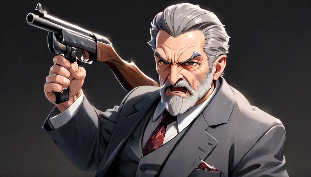 A mafia boss called ((((Azok)))) ,old, strong, bearded, grey suit, detailed face, gray hair and beard, intense gaze, commanding presence, wise expression, wrinkled skin, textured aging, confident posture, firm stance ((cartoon)) is shooting a rifle and screaming