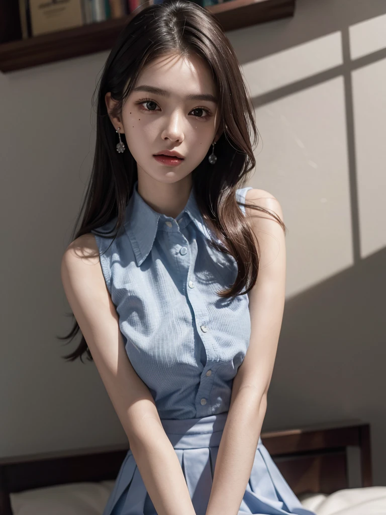 absurdres, RAW photo, extremely delicate and beautiful, masterpiece, Best Quality, ultra high resolution, 32k, hyperrealistic, ultra-detailed, perfect anatomy, super Detailed skin, perfect figure, Super Beauty, Perfect Style, Perfect balance, Beautiful Lighting, Perfect Lightning, Realistic Shadows, 20 years old, very Slim body, narrow waist, very small head, very small face, delicate facial features, handsome detailed woman, very detailed eyes and face, realistic face proportions, Realistic beautiful face, Realistic beautiful eyes, tearful mole, earring, very huge round breasts, legs, medium hair, asymmetrical hair, (full body shot), (school_uniform), collared shirt, sleeveless,