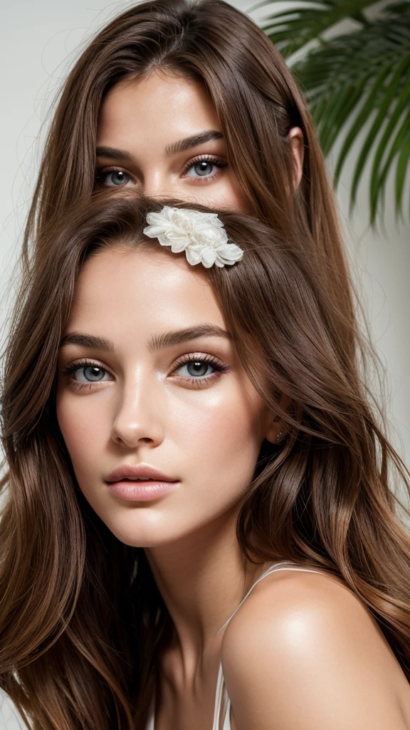 Portrait d'une femme avec un visage magnifique, 23 ans, visage harmonieux, grand yeux marrons, bouche pulpeuse, caractéristiques des nageoires, mannequin, élégante, ultra réaliste 
