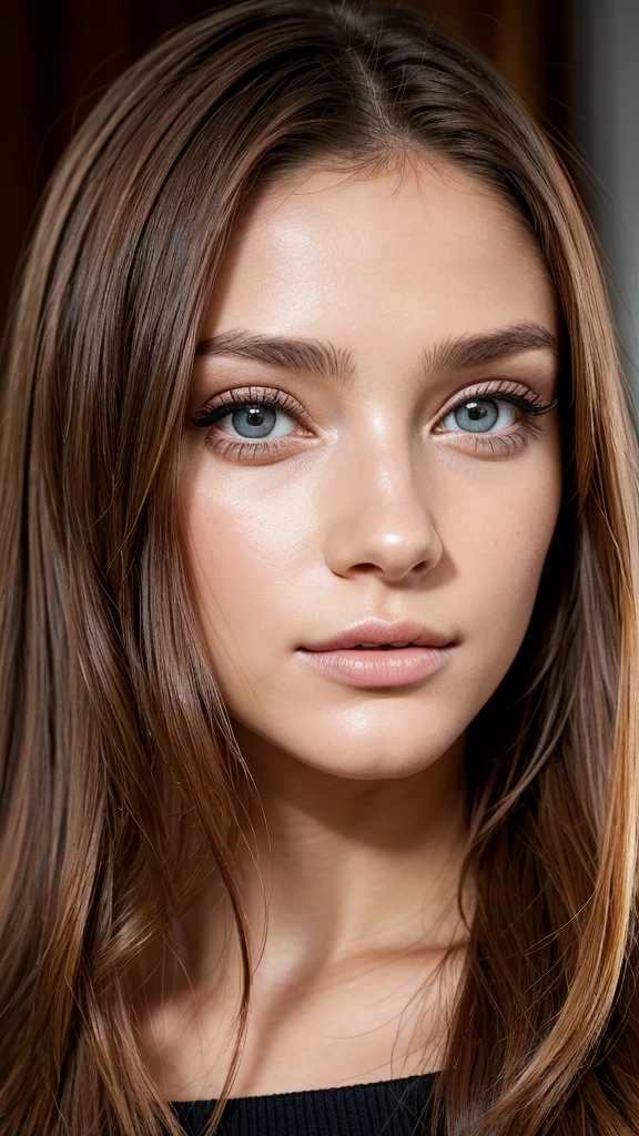 Portrait d'une femme avec un visage magnifique, 23 ans, visage harmonieux, grand yeux marrons, bouche pulpeuse, caractéristiques des nageoires, mannequin, élégante, ultra réaliste