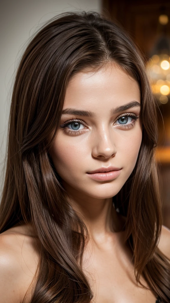 Portrait d'une femme avec un visage magnifique, 23 ans, visage harmonieux, grand yeux marrons, bouche pulpeuse, caractéristiques des nageoires, mannequin, élégante, ultra réaliste