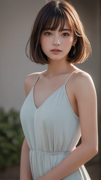 (Highest quality:1.4),(masterpiece:1.4),(Realistic:1.4),(Realistic:1.2),(超High resolution, RAW Photos:1.4),(High resolution, Very detailed:1.2),(8k:1.2),photograph,Brown Hair、One Girl,alone,((Upper Body:1.3))、Loose dress、bob cut、forehead