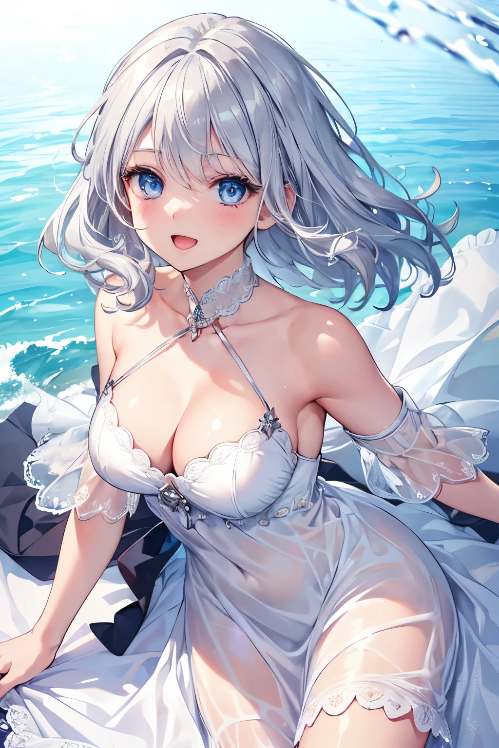 (Best quality,4K,8K,High resolution,Masterpiece:1.2),Super detailed,(Actual, Realistic),
break,
((Beautiful clear blue eyes:1.2)),very kind eyes,eyes wide open,beautiful eyelashes,beautiful lower eyelashes,
break,
((Beautiful and shiny silver hair:1.3)),A dazzling smile, a bursting smile, an open mouth laugh,
break,
(cute white summer dress:1.3),
break,
white sand beach