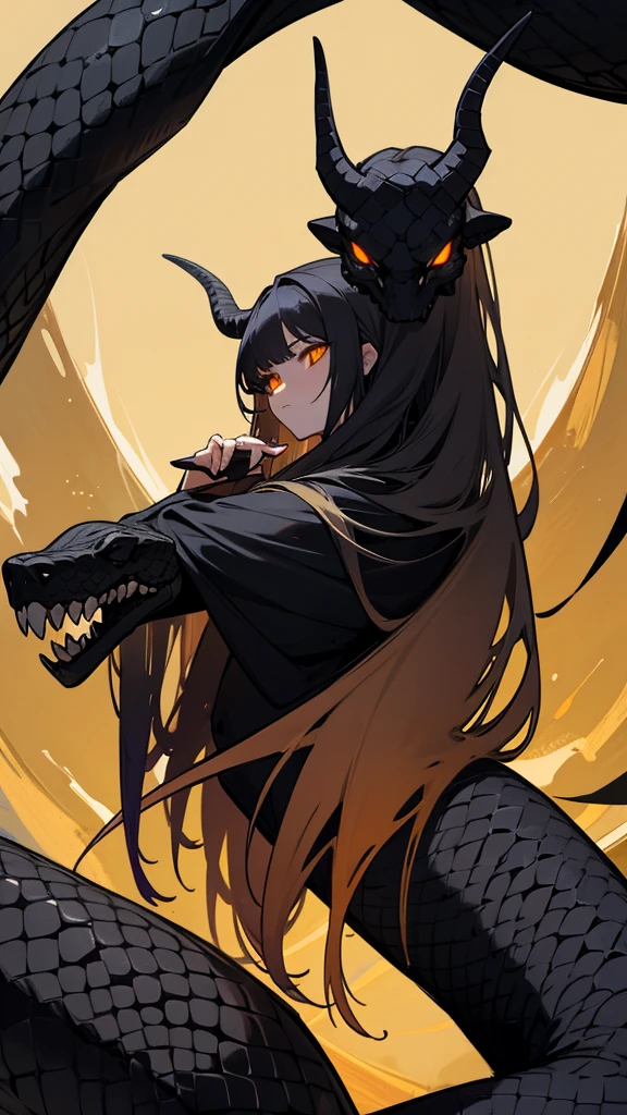 1 black snake with a human skull for a head, with horns and golden eyes