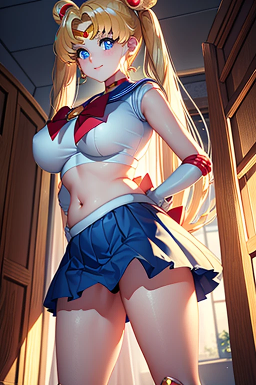 masterpiece、High resolution、High resolution、4K、8k、(((Stand with legs stretched、Big Breasts、Exposing the breasts)))、((Shiny underwear)))、Sailor Warrior Uniforms、Beautiful beauty、Long golden hair、((whole body))、(((Photo taken from below)))、School、classroom、Large Breasts、Big Breastini skirt、Panties are black、Japanese、expensive、Long limbs、18-year-old、tsukino usagi、Tsukino Usagi、Sailor Moon、A beautiful nose like a model、Please put your hands on your hips、Natural smile、Sexy pose、Her hairstyle is twin tails..、Beautiful belly button、Wearing knee-high boots、Absolute area、Cowboy Shot