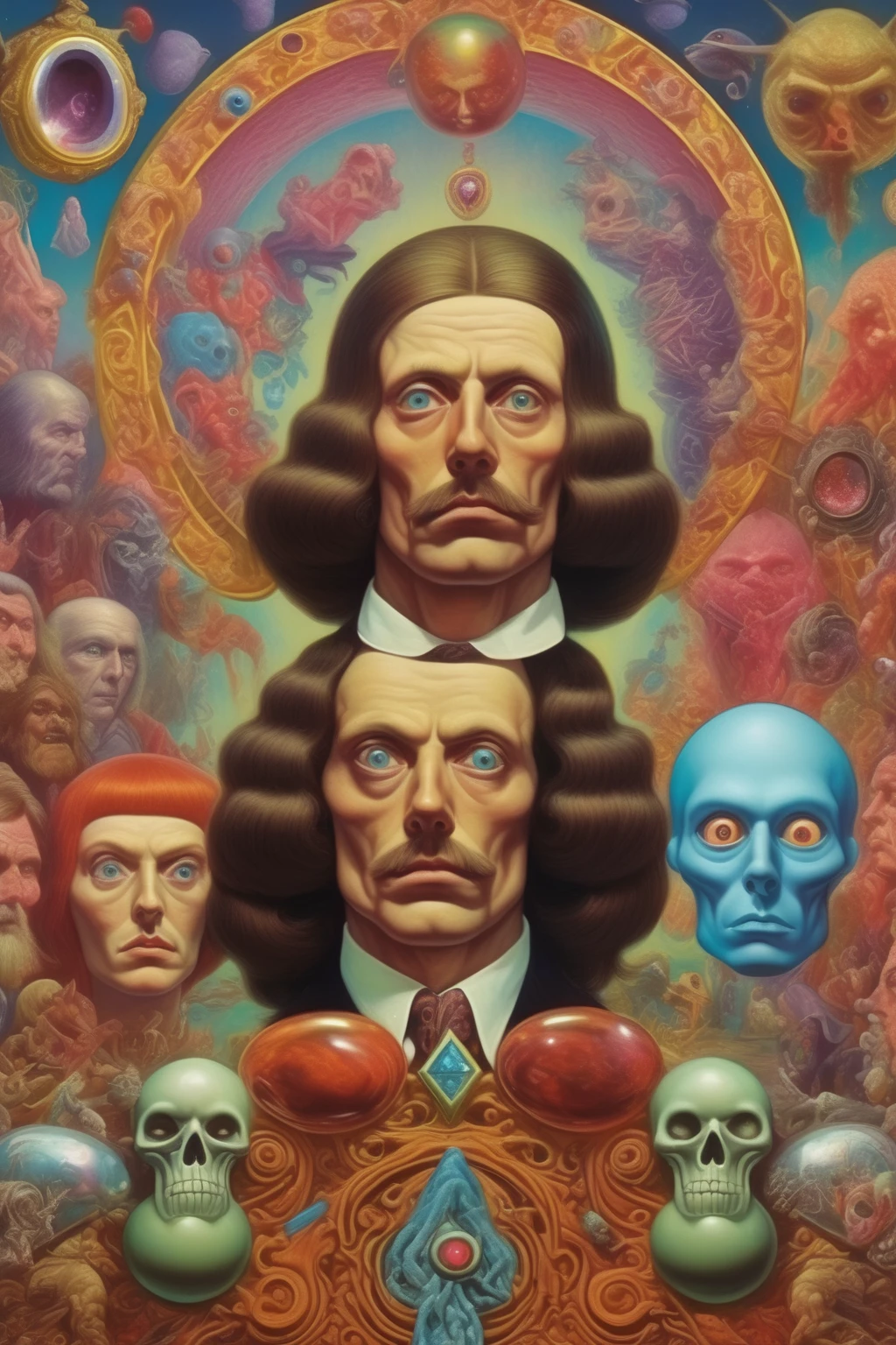 stacked symbolist composition, inspired by Jarosław Jaśnikowski, gnosticism, alex gross, colorful muscular eldritch, ornate gem in pommel, new album cover, by Trevor Brown, inspired by Robert Lenkiewicz