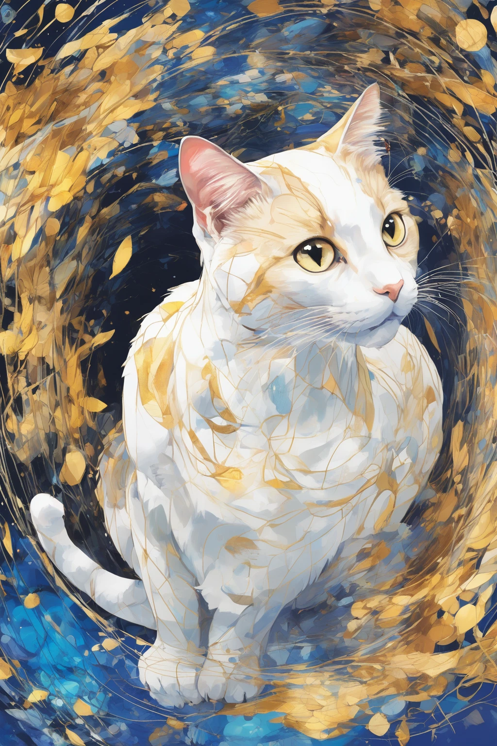 teamLab Style - Artwork、Masterpiece、Ultra high definition、Golden Ratio、Beautiful cat、A dynamic pose、From below、Anatomically correct depiction of a cat