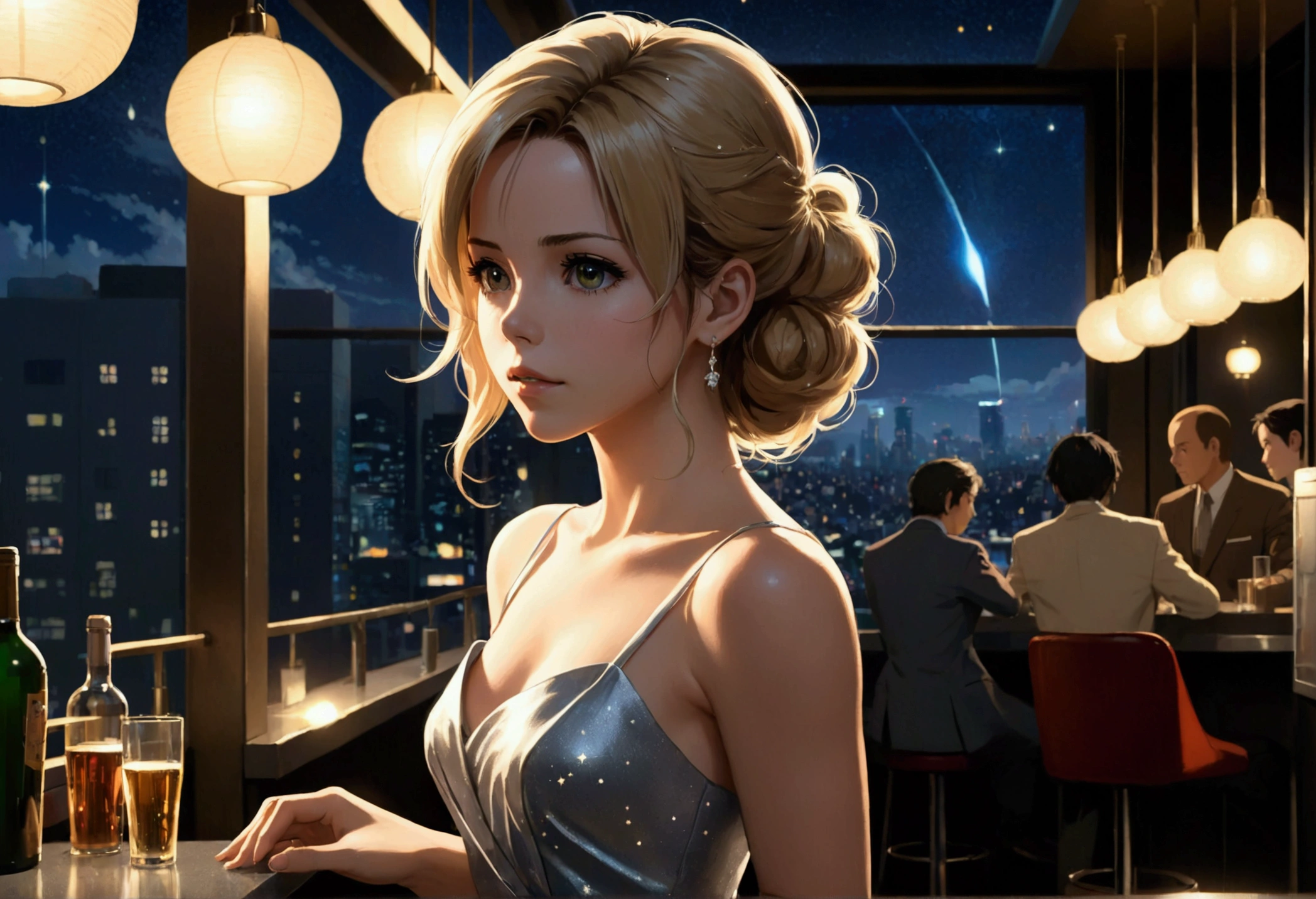Uses Makoto Shinkai&#39;The depiction is perfect,Portrait of Kate Beckinsale,8k 4k masterpiece photo ,Tokyo,Glass ceiling jazz bar,I can see the twinkling stars through the glass window.,that&#39;Outside in the dark night,Jazz is playing,profile,Beautiful profile,Calm expression,Semi-long hair,Blonde,Look in a different direction,Standing alone at the counter,Silver tube top dress,Small bust