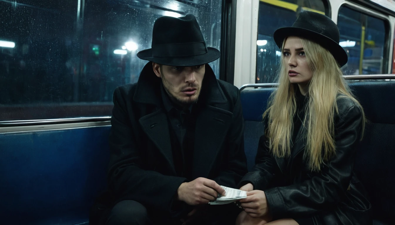 Man with scary look, black hat, black overcoat, giving a ticket to the unemployed tired blonde woman sitting inside the bus. Dark and scary weather at night