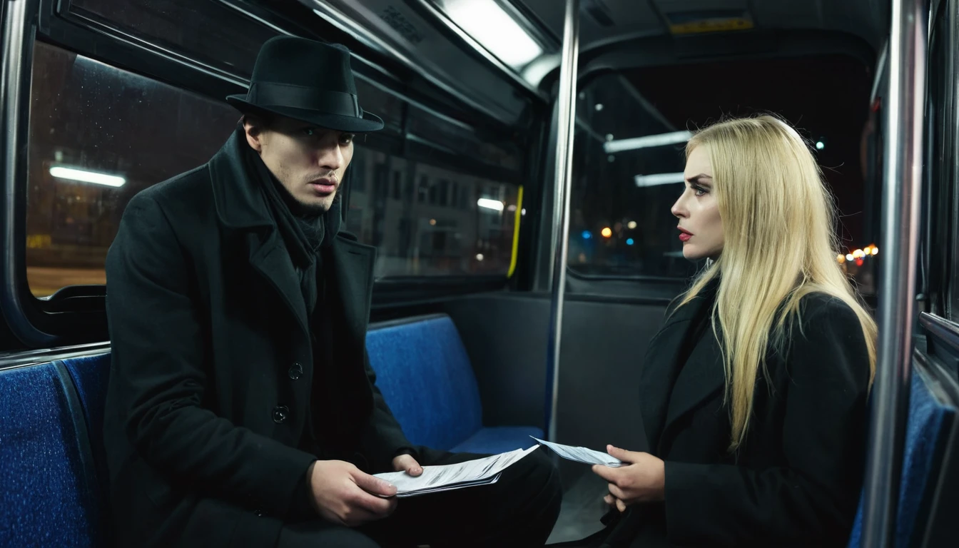 Man with scary look, black hat, black overcoat, giving a ticket to the unemployed tired blonde woman sitting inside the bus. Dark and scary weather at night
