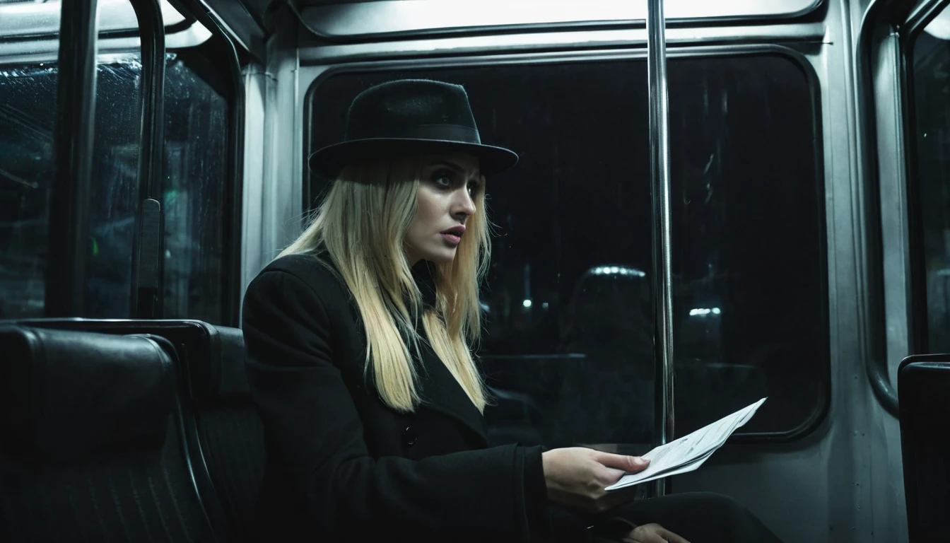 Man with scary look, black hat, black overcoat, giving a ticket to the unemployed tired blonde woman sitting inside the bus. Dark and scary weather at night