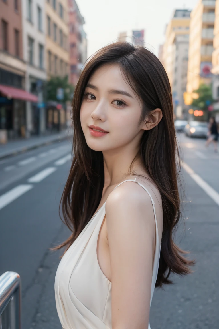 ((Highest quality, 8k, masterpiece :1.3)), 1 girl, smile, Upper Body, Face thinning, Beautiful woman, (Dark brown hair), Full-length dress :1.1, Highly detailed face, Delicate eyes, double eyelid, Blurred Background, Face thinning, city, External, street, Take off your clothes、naked、 exposed、(Reina's light pink nipples exposed:1.5)