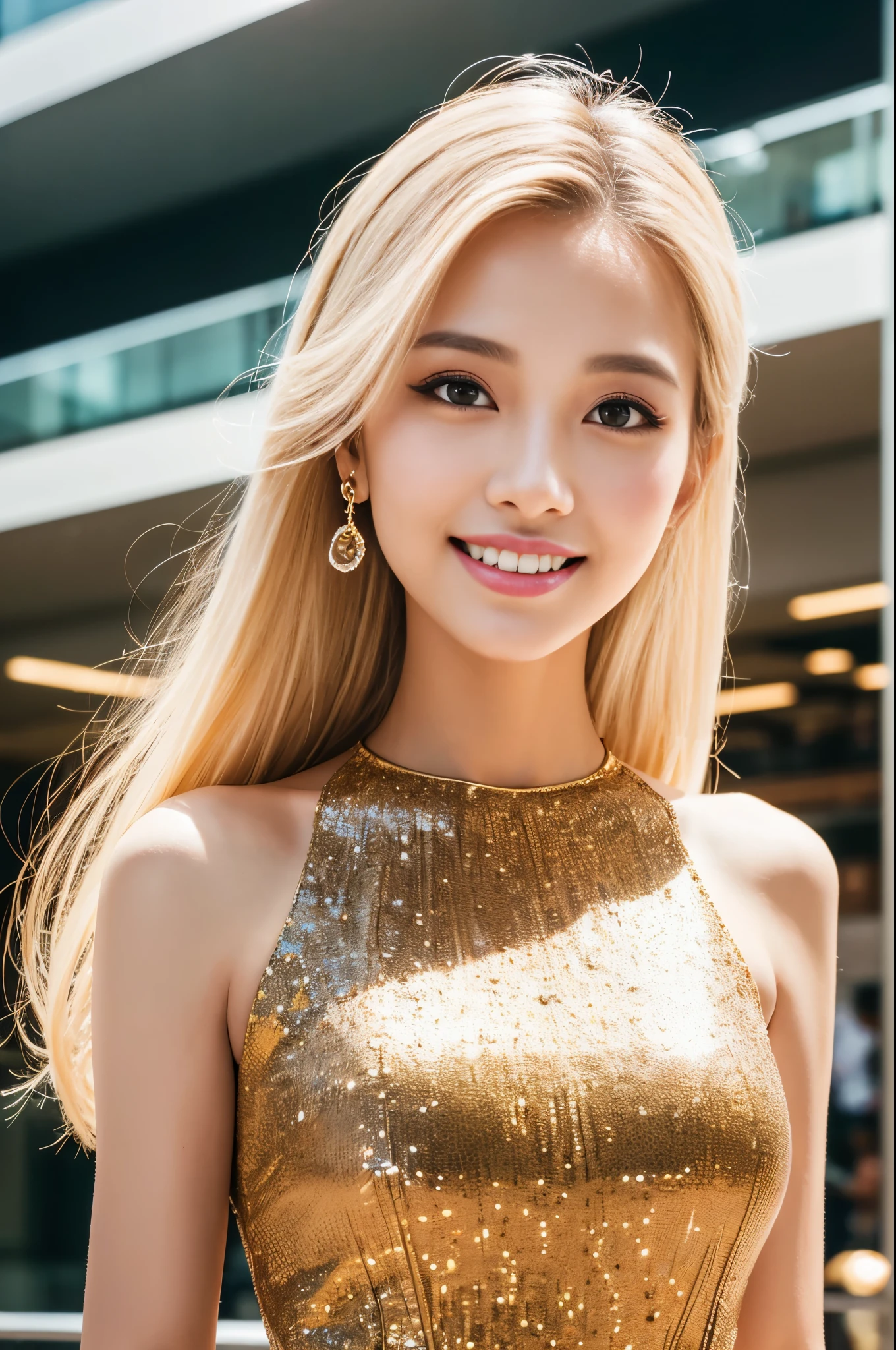 (best quality, 4k ,8k, highres, masterpiece:1.2), ultra-detailed, (realistic, photorealistic, photo-realistic:1.37), closeup, beautiful Thai woman, (slim girl), (happy smile), long lashes, beautiful makeup, platinum blonde hair, fair skin, slender figure, elegant posture, wearing large sparkling colorful jewelery, wearing a business style leather dress, standing in a large shopping mall, gentle sunlight shining through the shopping mall windows, casting a soft glow on her face, adding warmth to the scene, vibrant colors, capturing the essence of vibrant city life, portrait style, showcasing her natural beauty and grace in a feminine way