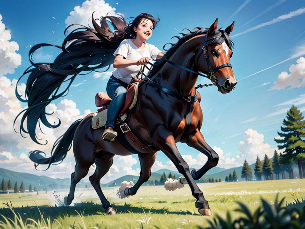 huge fat draft horse. Running cheerfully in grass meadow , contemporary art, Photorealistic , Very high resolution artwork , 8K ,  pine forest, bright blue sky. BBW Black african  rider.