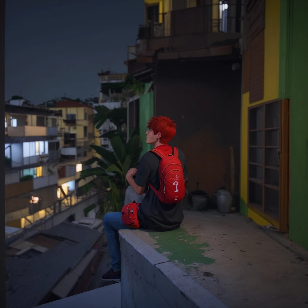 Brazilian boy with red hair with a backpack from Turkey sitting on a balcony in a Brazilian favela with a  sitting next to him with a backpack from Turkey looking at the city lights