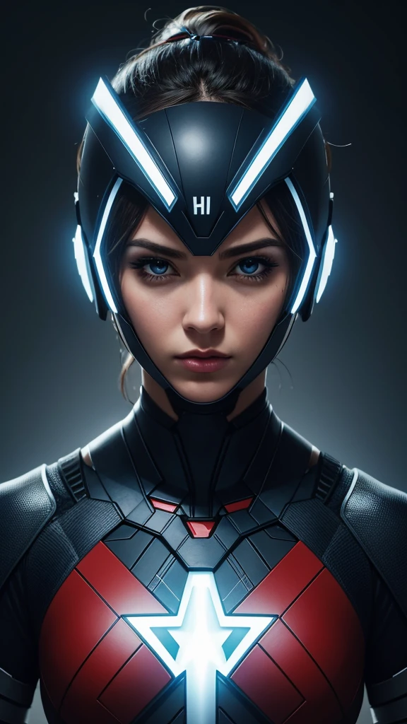 portrait hyper realistic ,Design an AI superhero from usa, wearing a modern costume inspired by local traditions and futuristic elements."Uhd