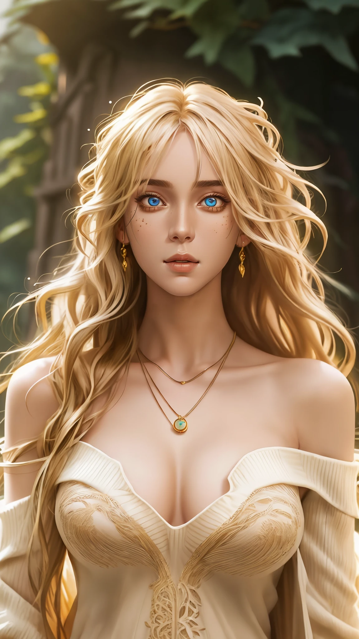 ,Light golden long hair,Aurora colored eyes,Long eyelashes,Unbelievably huge breasts,((3D anime style)),White dress with a lot of exposure,