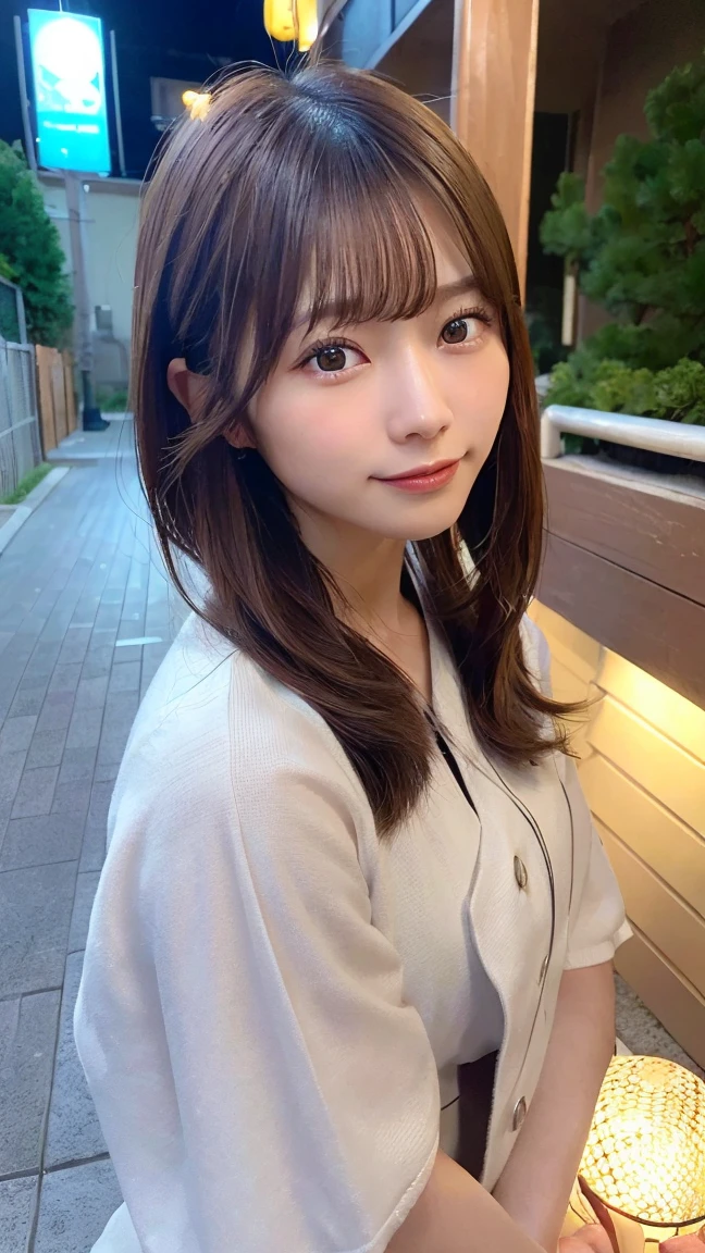 (Highest quality,masterpiece:1.3,High resolution,),(Very detailed,Caustics),(Realistic:1.4,RAW shooting,)Ultra-Realistic Capture,Very detailed,人間の肌に適したHigh resolution16K、 Natural skin texture、、Skin tone is even and healthy looking、 Use natural light and colour,One Woman,Japanese,,cute,Brown Hair,Mid-length hair,(Written boundary depth、chromatic aberration、、Wide range of lighting、Natural Shading、)、(Outdoor lighting at night:1.4)、(Hair swaying in the wind:1)、short hair、Outward flicked edge