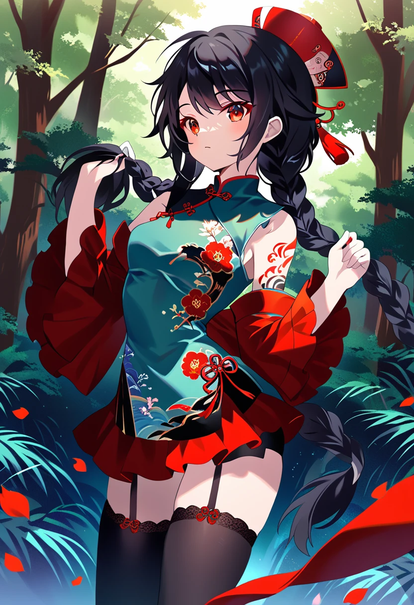 BREAK Perfect Anatomy、(High resolution:1.2)、Incredible illustrations、(Cute illustrations:1.2)、() （Beautiful background(forest)) 1 girl(Black hair, long hair, single braid, red eyes,tattoos, )(young adult woman:2.0)
Long ruffled sleeves, jiangshi cheongsam dress, garter stockings